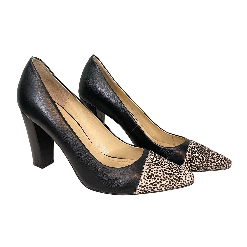 Rowen Women's Black Leather Animal Print Pointy Toe Slip On Pump Heel Size 8.5